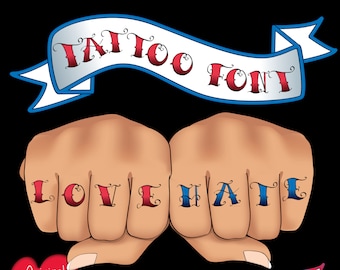 Tattoo Alphabet Clipart- Tattoo Font Letters and numbers - Blue and Red - including Fists graphic - Instant Download