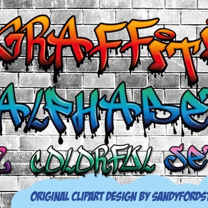 Colorful Graffiti Clipart Alphabet - Letters and numbers - 12 colored alphabets - 400+  files - png files - Instant Download