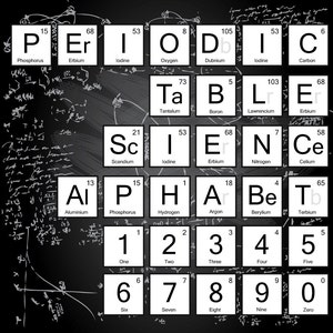 Alfabeto científico - Letras da tabela periódica - PRETO e BRANCO - mais de 90 letras - arquivos png e eps + papel digital - Download instantâneo