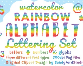 Watercolor Rainbow Alphabet - full alphabet, numbers and glyphs - 3 different font types - png files - Instant Download