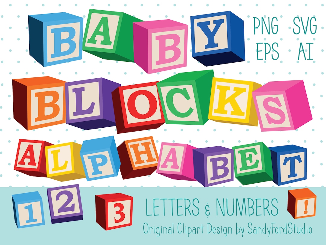 3D Baby Blocks Clipart Alphabet SVG PNG Full Alphabet and Numbers in 8 Colors Instant Download