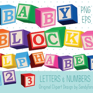 3D Baby Blocks Clipart Alphabet SVG PNG full alphabet and numbers in 8 colors Instant Download image 1