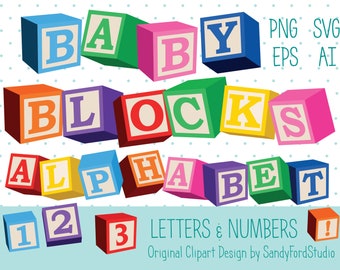 3D Baby Blocks Clipart Alphabet SVG PNG - full alphabet and numbers in 8 colors  - Instant Download