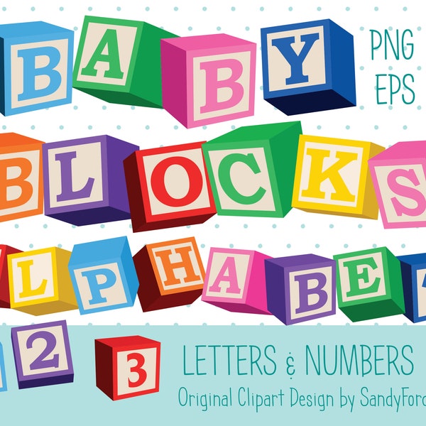 3D Baby Blocks Clipart Alphabet SVG PNG - full alphabet and numbers in 8 colors  - Instant Download