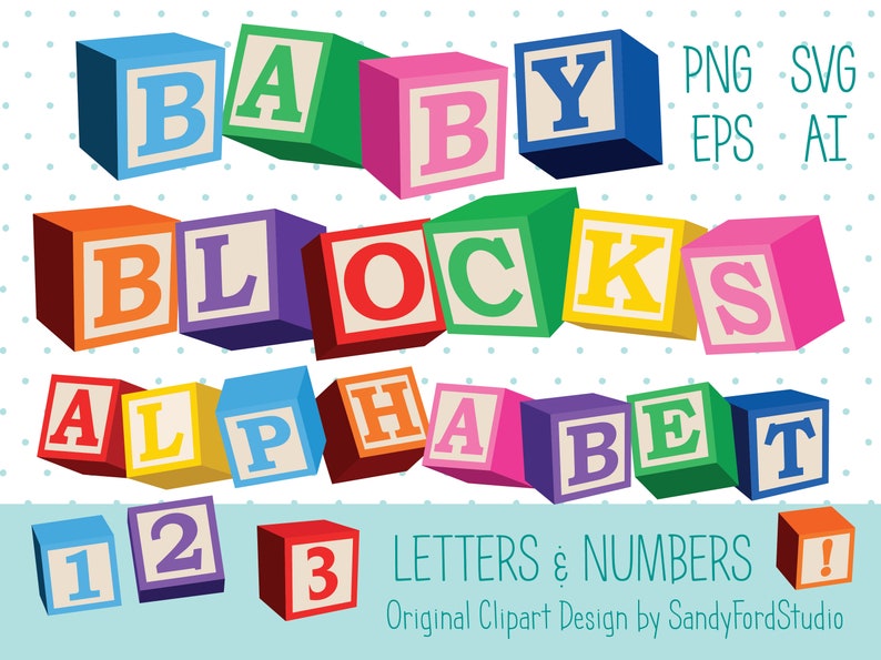 3D Baby Blocks Clipart Alphabet SVG PNG full alphabet and numbers in 8 colors Instant Download image 1