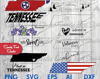 May include: A digital download of 10 different Tennessee state outline designs. The designs include a state flag, a mountain range, a heart with the text "my heart belongs in Tennessee", the text "Home Sweet Home", the text "The Volunteer State", the text "home", and a design with the American flag. The designs are available in PNG, SVG, EPS, AI, and DXF formats.
