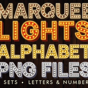 Alfabeto de luces de marquesina - Alfabeto digital de letras de marquesina - Letras y números de marquesinas rojas - Archivos PNG de marquesinas doradas - Descarga instantánea