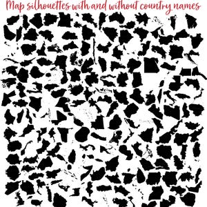May include: A black and white image of a collection of country outlines, with and without country names. The outlines are arranged in a random pattern, with some overlapping.