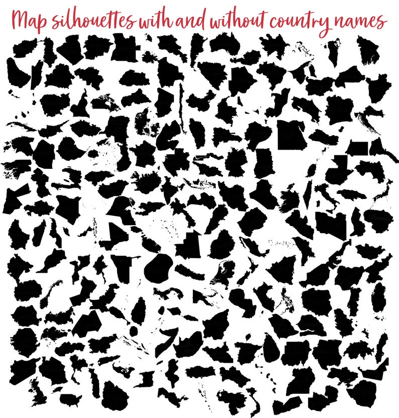 May include: A black and white image of a collection of country outlines, with and without country names. The outlines are arranged in a random pattern, with some overlapping.