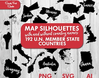 World Countries Map Silhouettes SVG bundle, Country Outlines Clipart, UN country shapes, png, svg, ai files - Instant Download