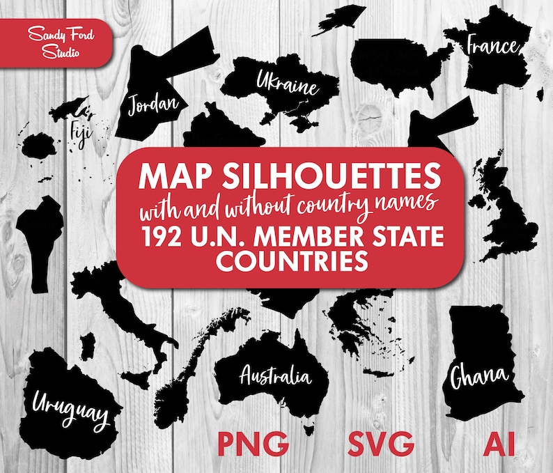 May include: A digital download of 192 country map silhouettes in black and white. The silhouettes are available in PNG, SVG, and AI formats. The image shows a sample of the silhouettes, including the countries of Jordan, Fiji, Uruguay, Ukraine, France, Australia, and Ghana.