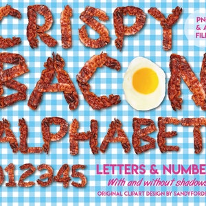 Alfabeto de tocino crujiente - imágenes prediseñadas de tocino - letras y números - archivos png - descarga instantánea