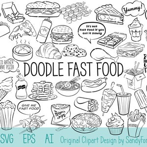 Puede incluir: Una ilustración de garabatos en blanco y negro de varios artículos de comida rápida, que incluyen hamburguesas, papas fritas, pizza, helado y refrescos. El texto "Doodle Fast Food" está escrito en letras grandes en la parte superior de la imagen.