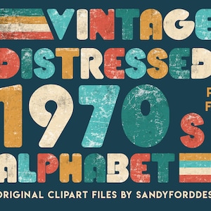 Alfabeto de bloque retro con textura desgastada, fuente de camiseta Vintage Groovy de la década de 1970, archivos PNG - Letras, números - Descarga instantánea