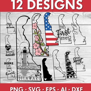 Delaware SVG Bundle – State Outline, Flag, Flower, Landscape png ai eps dxf, Clipart for Shirt Design (Digital Cricut & Silhouette Files)