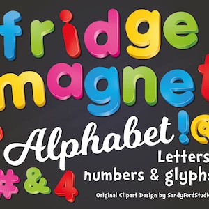 Fridge Magnet Alphabet Clipart - Lower case letters and numbers - Pink, blue, yellow, green, red - 205 files - png files - Instant Download