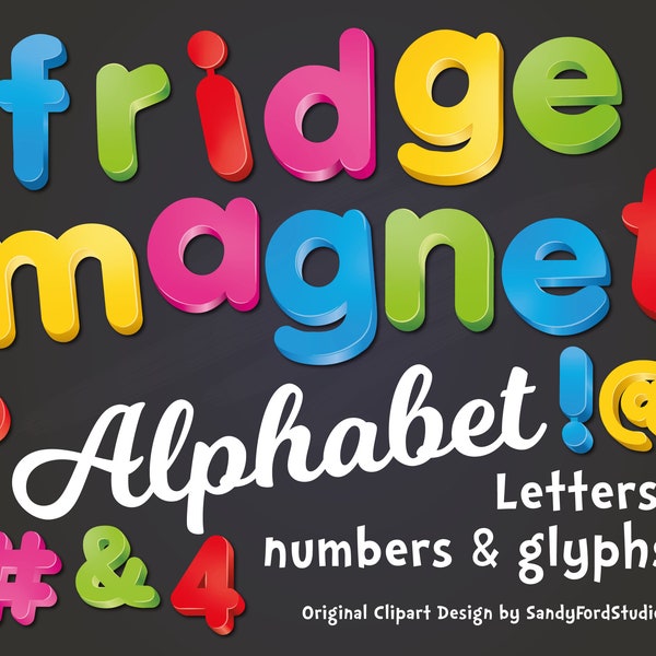 Clipart alphabet aimant pour réfrigérateur - chiffres et lettres minuscules - rose, bleu, jaune, vert, rouge - 205 fichiers - fichiers png - téléchargement immédiat