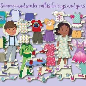 K&ouml;nnte beinhalten: Ein Papierpuppen-Set mit Sommer- und Winteroutfits f&uuml;r Jungen und M&auml;dchen. Das Set enth&auml;lt eine Vielzahl von Kleidungsst&uuml;cken, darunter Hemden, Hosen, R&ouml;cke, Kleider und Schuhe. Die Puppen sind in verschiedenen Outfits gekleidet, darunter ein Superhelden-Kost&uuml;m, ein Feen-Kost&uuml;m und ein Freizeit-Outfit.