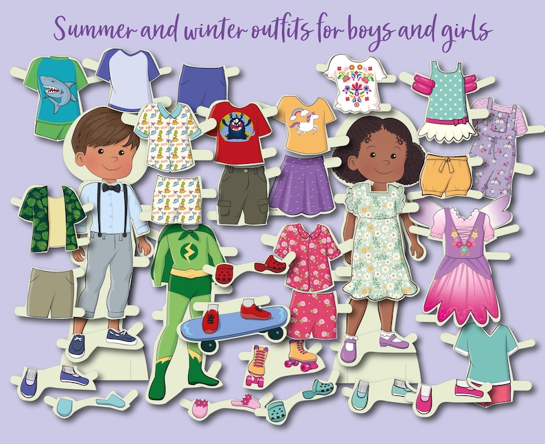 K&ouml;nnte beinhalten: Ein Papierpuppen-Set mit Sommer- und Winteroutfits f&uuml;r Jungen und M&auml;dchen. Das Set enth&auml;lt eine Vielzahl von Kleidungsst&uuml;cken, darunter Hemden, Hosen, R&ouml;cke, Kleider und Schuhe. Die Puppen sind in verschiedenen Outfits gekleidet, darunter ein Superhelden-Kost&uuml;m, ein Feen-Kost&uuml;m und ein Freizeit-Outfit.