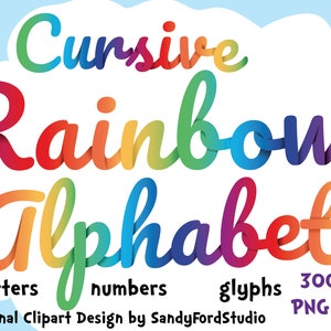 Alphabet arc-en-ciel cursif - alphabet complet, chiffres et glyphes - écriture manuscrite - fichiers png - téléchargement immédiat