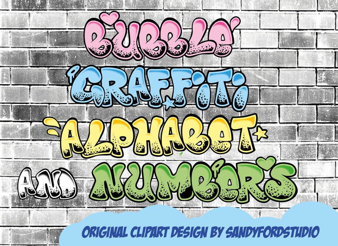 Bubble Graffiti Clipart Alphabet Letters and Numbers Pink, Blue, Yellow