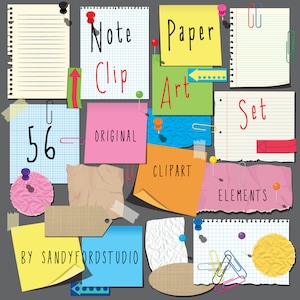 Gescheurd notitiepapier - plaknotities - paperclips en pinnen - 56-delige ClipArt-collectie - direct downloaden