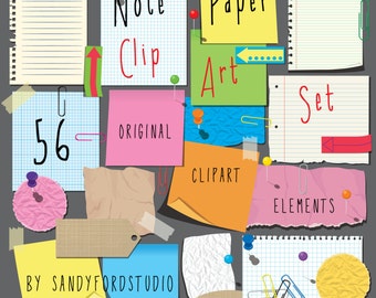Paper-Themed Clipart Collection: Sticky Notes, Clips, Pins (Instant Download)