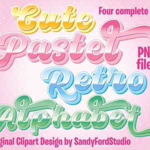 Pastel Retro Font Alphabet: PNG Clipart, Four Color Sets (Instant Download)