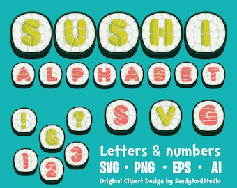 Peut inclure: Un ensemble de lettres et de chiffres sur le thème des sushis. Les lettres sont conçues pour ressembler à des rouleaux de sushi avec différentes garnitures. Les lettres sont dans un schéma de couleurs blanc, vert et rose. Les lettres sont disposées en grille. Le texte "Letters & numbers SVG PNG EPS AI" est en bas de l'image. Le texte "Original Clipart Design by SandyFordStudio" est en bas de l'image.