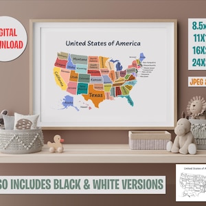 Mapa de Estados Unidos de América, póster educativo, aula imprimible, decoración de pared para niños, sala de juegos, educación en el hogar, arte de pared Montessori