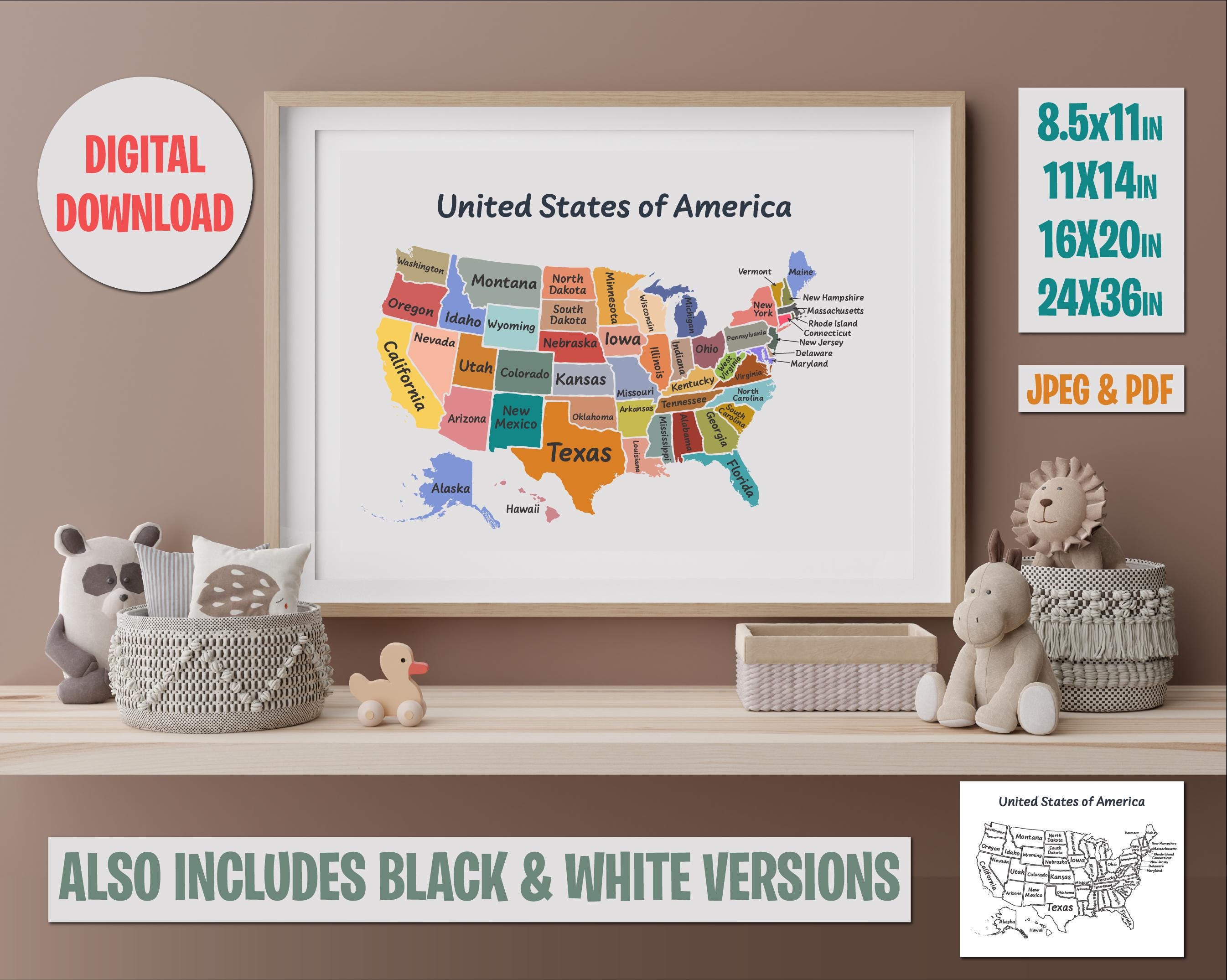 アメリカ地図ポスター：お子様向けの教室装飾（デジタルダウンロード