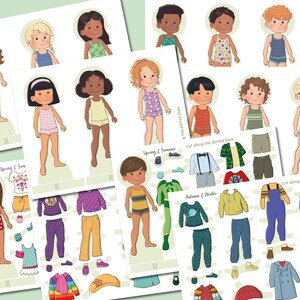 K&ouml;nnte beinhalten: Ein ausdruckbares Papierpuppen-Set mit verschiedenen Outfits f&uuml;r Fr&uuml;hling und Sommer, Herbst und Winter. Die Puppen sind in verschiedenen Farben und Mustern gekleidet, darunter Blumen, Streifen und Punkte.
