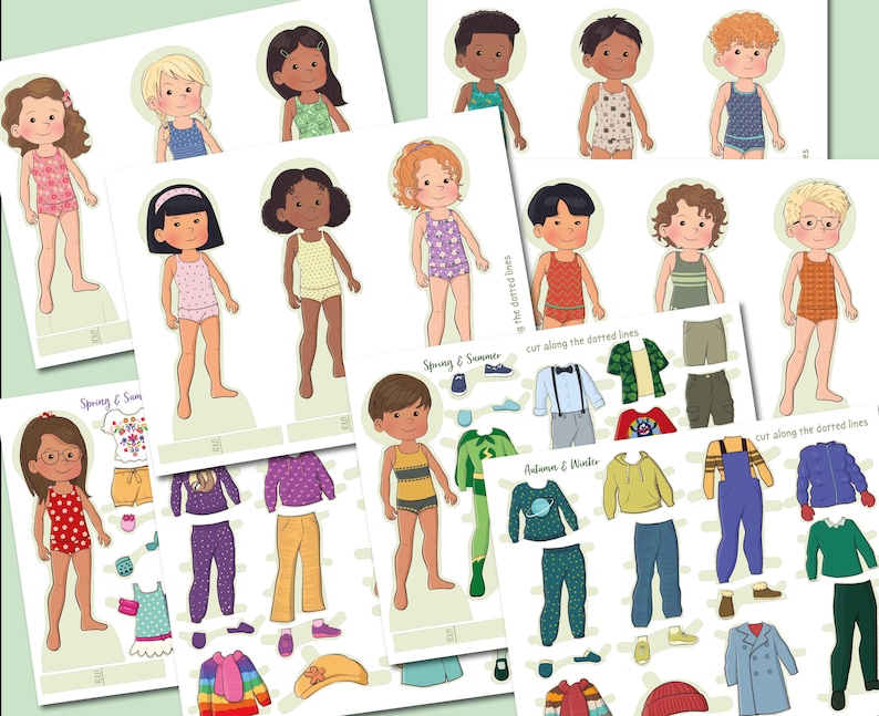 K&ouml;nnte beinhalten: Ein ausdruckbares Papierpuppen-Set mit verschiedenen Outfits f&uuml;r Fr&uuml;hling und Sommer, Herbst und Winter. Die Puppen sind in verschiedenen Farben und Mustern gekleidet, darunter Blumen, Streifen und Punkte.