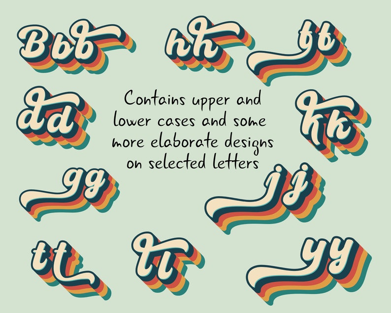 May include: A set of retro-style alphabet letters in a rainbow color scheme. The letters are stylized with a 3D effect and a shadow. The letters include B, b, h, d, g, t, k, j, and y.