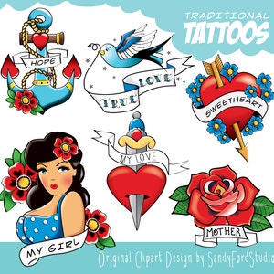 Traditional Tattoo Clipart -  6 designs - Instant Download