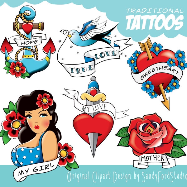 Traditional Tattoo Clipart -  6 designs - Instant Download