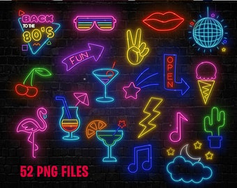 Neon Clipart Bundle: Cocktail, Disco Party, Tropical PNGs (Instant Download)
