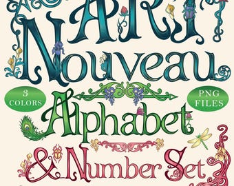 Art Nouveau Alphabet PNG, Victorian Decorative Font Clipart, Vintage Floral Letters, Ornate Typography, Numbers & Embellishments, 3 Colours