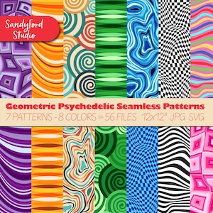 Peut inclure: Une collection de motifs géométriques psychédéliques sans couture dans diverses couleurs et designs. Les motifs comprennent des tourbillons, des vagues et des motifs en damier. L'image comprend le texte "Geometric Psychedelic Seamless Patterns" et "Sandyford Studio".