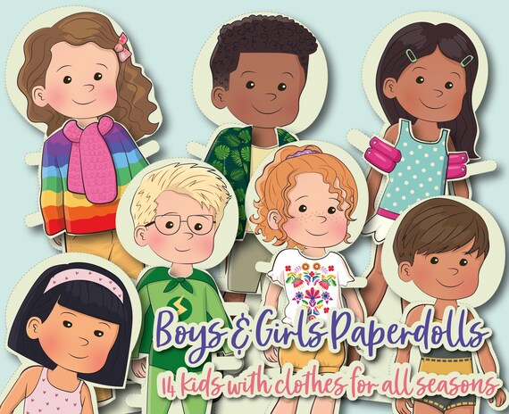 Printable Paper Dolls Kit, Diverse Kids, Seasonal Clothing: Craft Activity for Girls & Boys, Birthday Party Favor, Homeschool, Montessori