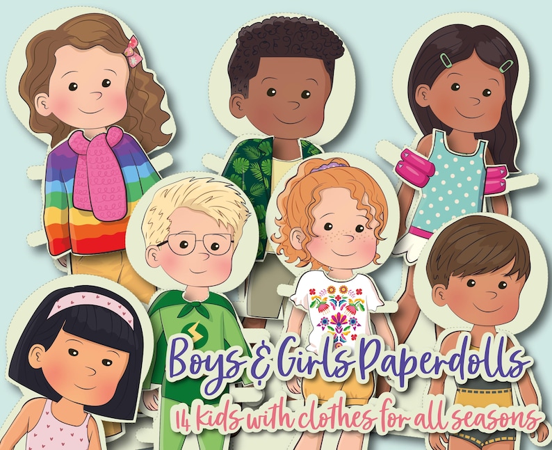 K&ouml;nnte beinhalten: Ein Set Papierpuppen mit 14 Kindern in verschiedenen Outfits f&uuml;r alle Jahreszeiten. Die Puppen sind im farbenfrohen Cartoon-Stil mit unterschiedlichen Hautfarben und Frisuren illustriert. Der Text auf dem Bild lautet "Boys & Girls Paperdolls 14 kids with clothes for all seasons".