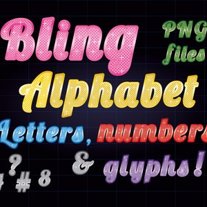 Funkelnde Bling Alphabet - Buchstaben, Zahlen + Glyphen - Gold, Silber, grün, blau, rot, rosa und lila - Png-Dateien - Instant Download