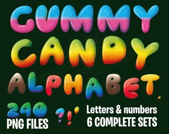 May include: Gummy Candy Alphabet, a set of 240 colorful, glossy, and cartoonish letters and numbers. The letters are in a rainbow gradient, with each letter having a different color combination. The letters are arranged in the words "Gummy Candy Alphabet".