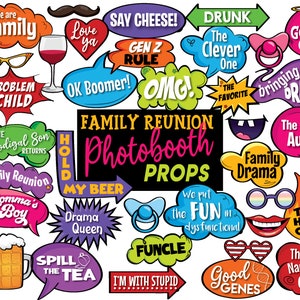 Adereços para cabine de fotos de reunião familiar, adereços para selfies de festa familiar, selfies de cabine de fotos de família, conjunto de 36 peças - Download instantâneo