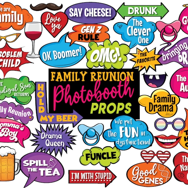 Family Reunion Photobooth Props, Family Party Selfie Props, Family Photobooth Selfies,  36 piece set - Instant Download