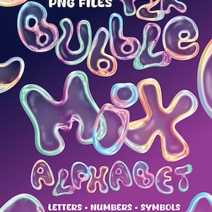 May include: A digital graphic design featuring a bubble-style alphabet, numbers, and symbols in a Y2K aesthetic. The text includes "PNG FILES", "Bubble Mix Alphabet", and "Letters, Numbers, Symbols, 3 Complete Sets" against a purple background.