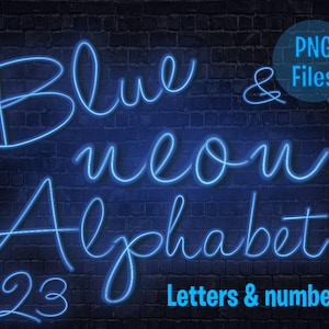 Alfabeto de néon azul - letras e números cursivos de néon azul, arquivos PNG de fonte de néon - download instantâneo