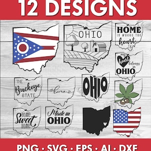Pacchetto SVG Ohio: contorno dello stato, bandiera, fiore, paesaggio png ai eps dxf, clipart per la progettazione di magliette (file digitali per Cricut e Silhouette)