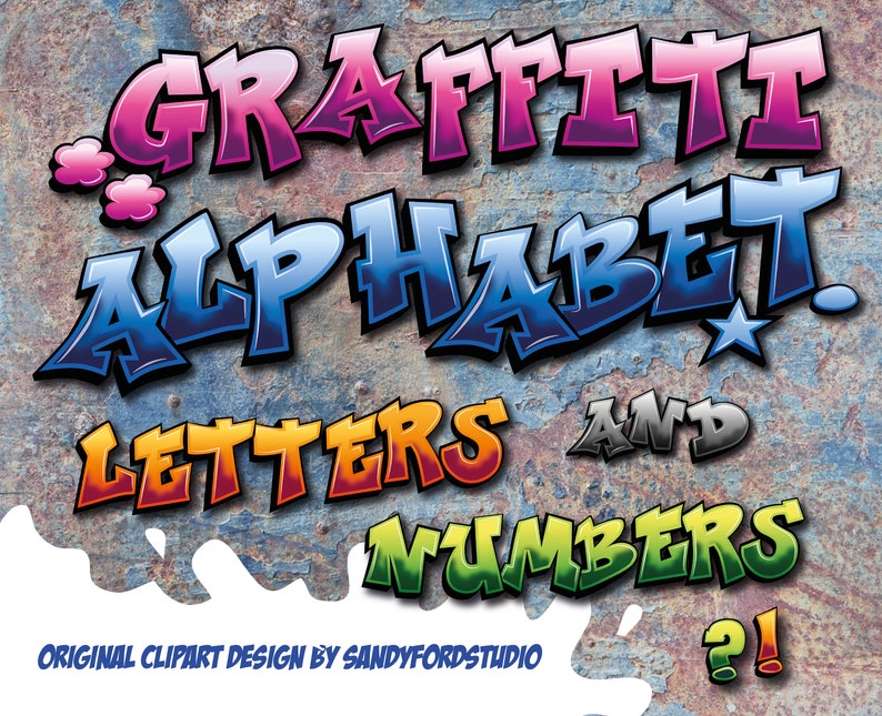 Graffiti Alphabet - Letters and numbers - Pink, blue, orange, green, white - 200 files - png files + digital paper - Instant Download 