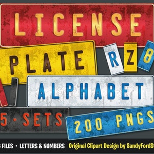 Nummerplaatalfabet - autoplaatletters en cijfers, nummerplaatlettertype png-bestanden - vijf volledige alfabetten - direct downloaden